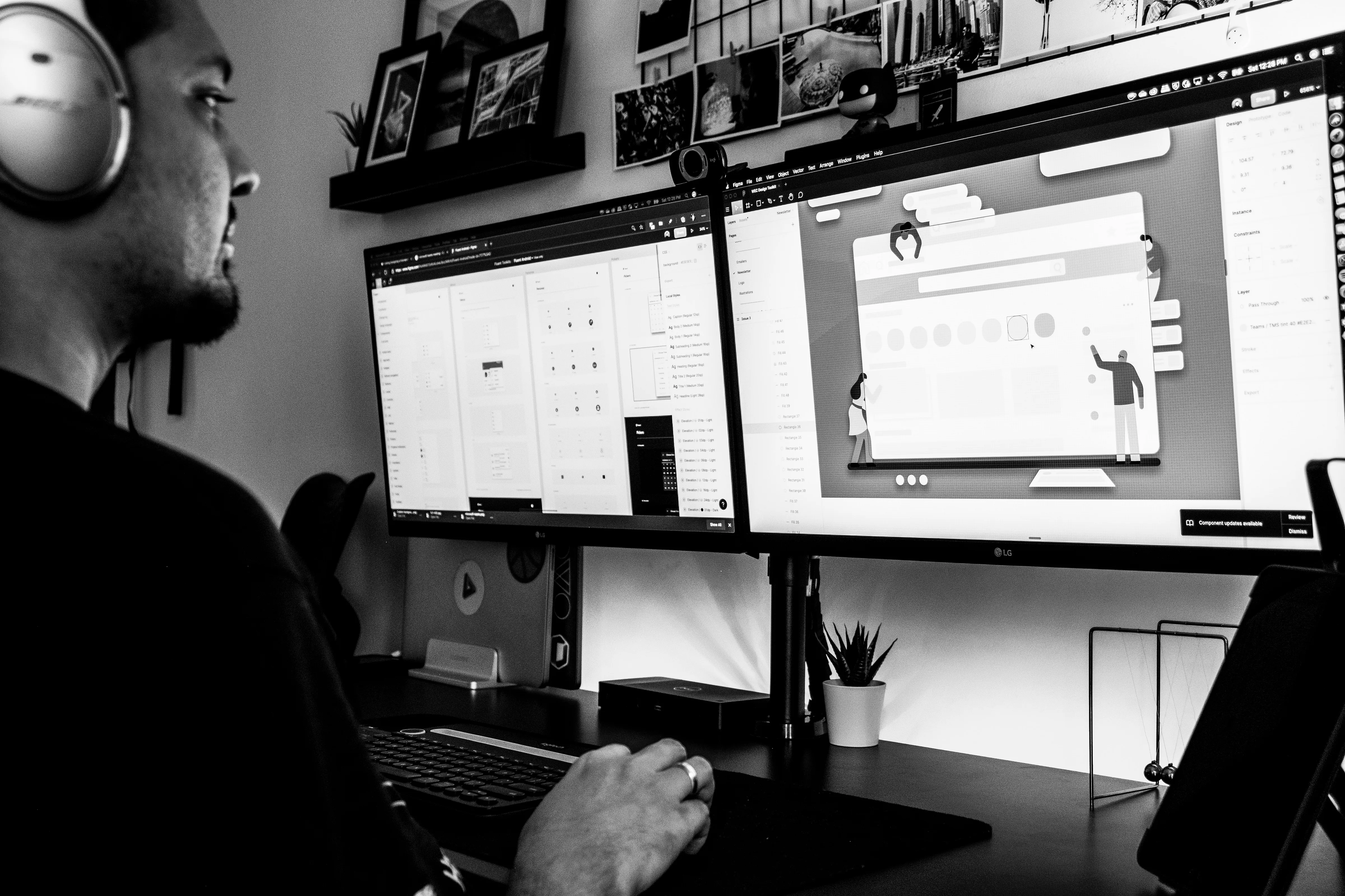 Screen one is showing a design systems documentation and screen two is showing a design being worked on in Figma.